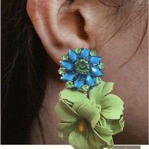 Teal blue lime green crystal flower  statement beaded earrings Anthropologie